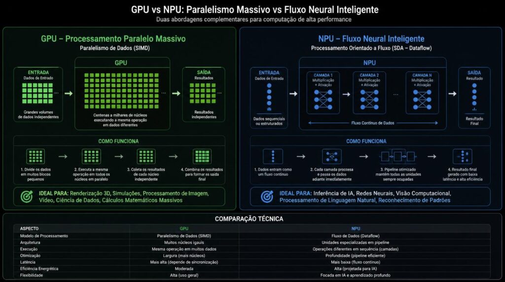 Infográfico explicativo mostrando o que é a NPU e a diferença entre CPU e GPU